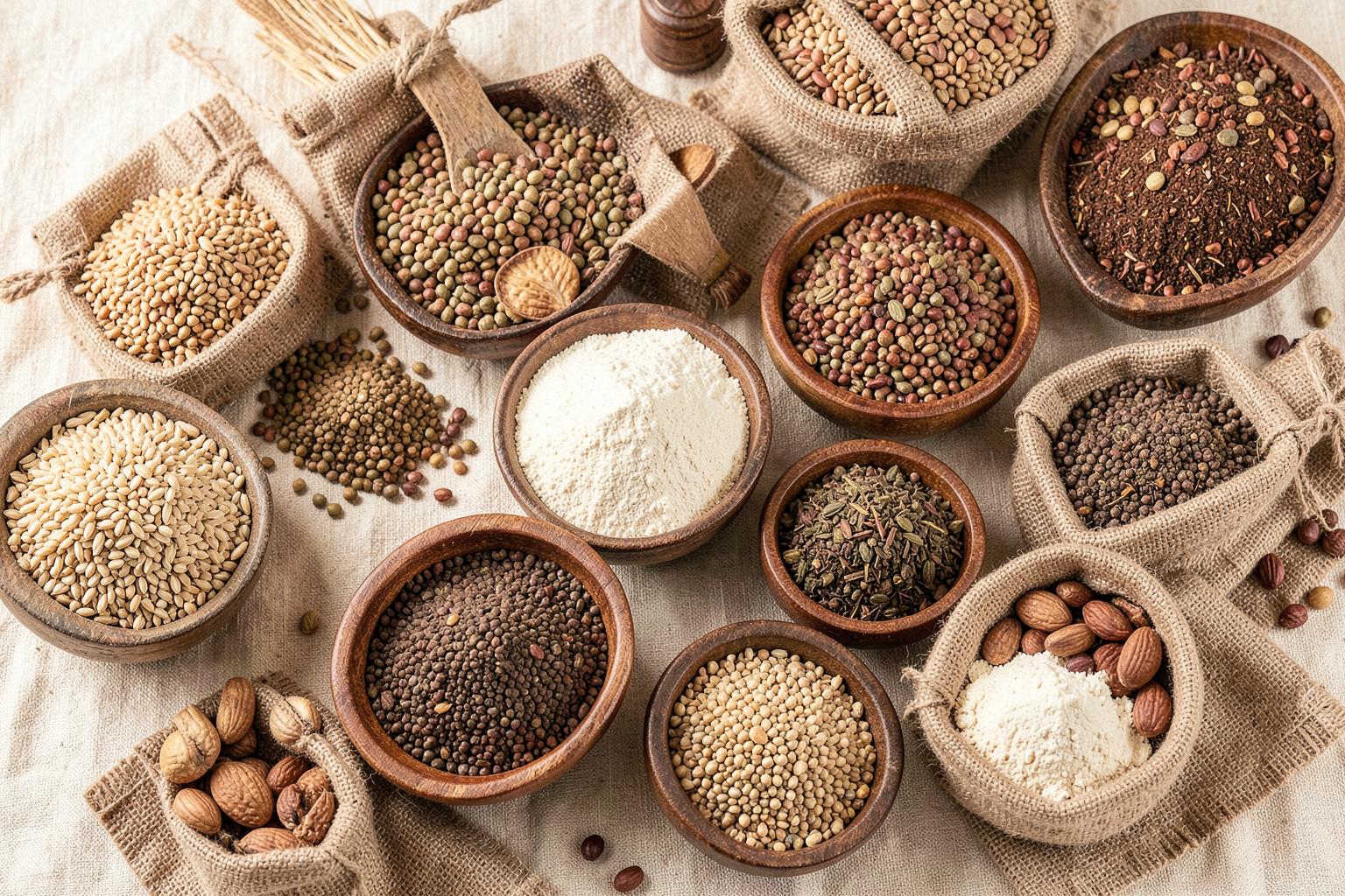 Assortment of African grains, cereals, pulses, nuts, spices and flours
