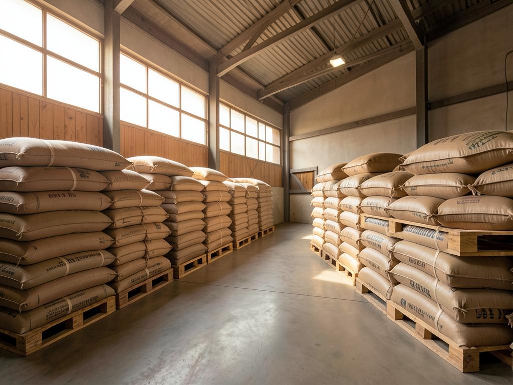 Organized grain warehouse with stacked sacks on pallets